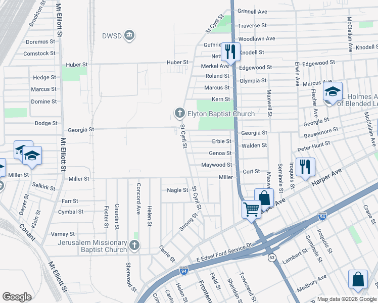 map of restaurants, bars, coffee shops, grocery stores, and more near 8614 Saint Cyril Street in Detroit