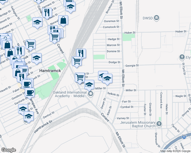 map of restaurants, bars, coffee shops, grocery stores, and more near 3985 Dorothy Street in Hamtramck