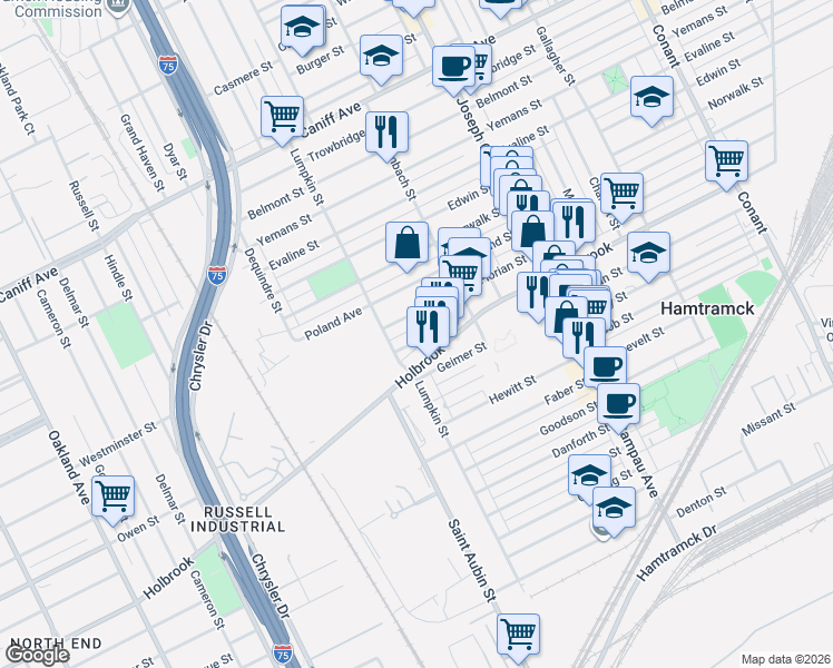 map of restaurants, bars, coffee shops, grocery stores, and more near 2222 Bernard Street in Hamtramck