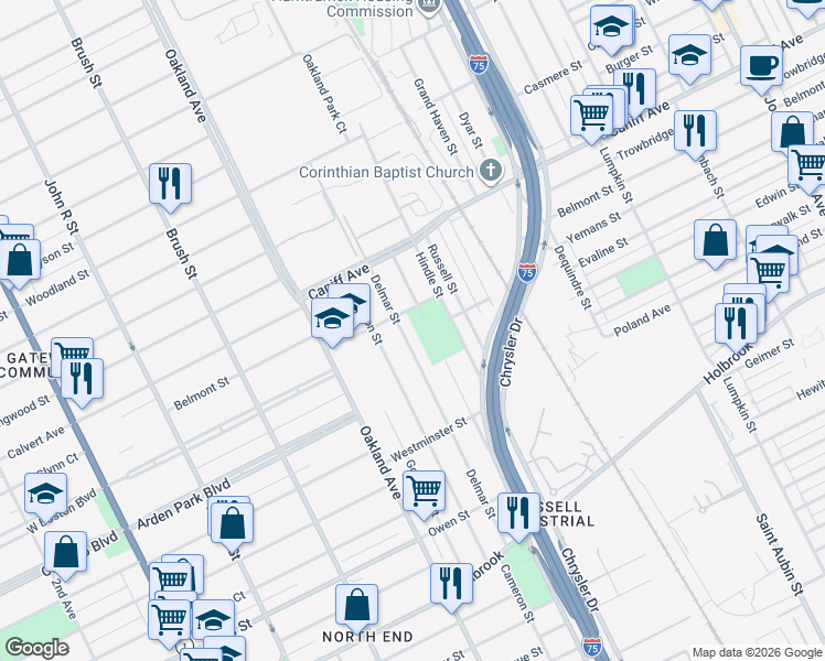 map of restaurants, bars, coffee shops, grocery stores, and more near 9676 Delmar Street in Detroit