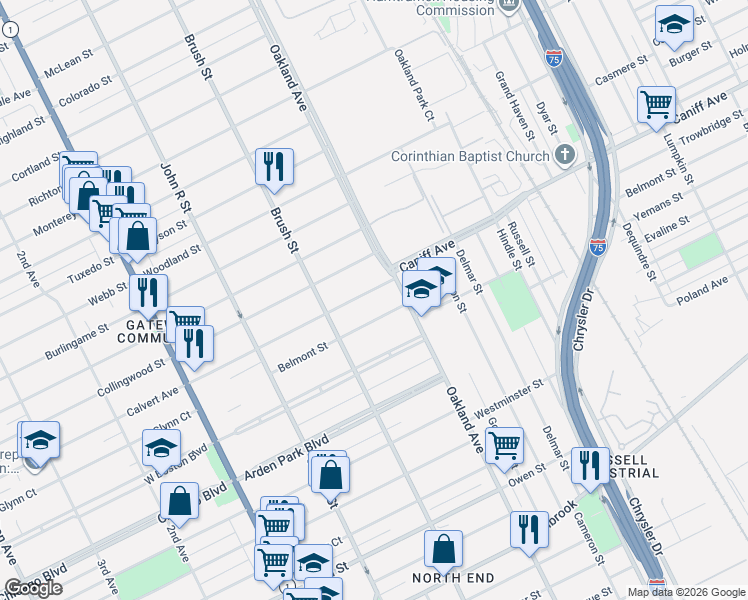 map of restaurants, bars, coffee shops, grocery stores, and more near 606 Belmont Street in Detroit