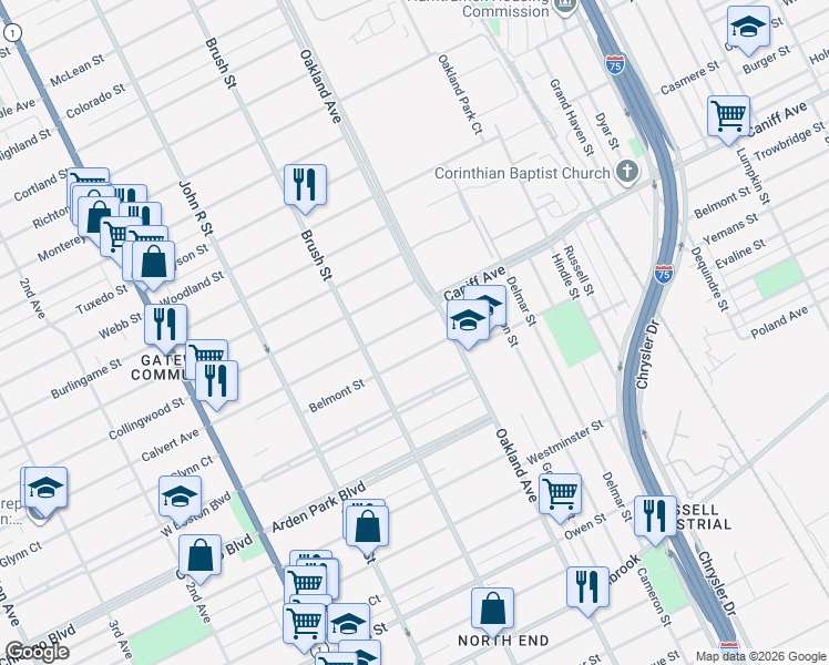 map of restaurants, bars, coffee shops, grocery stores, and more near 606 Belmont Street in Detroit