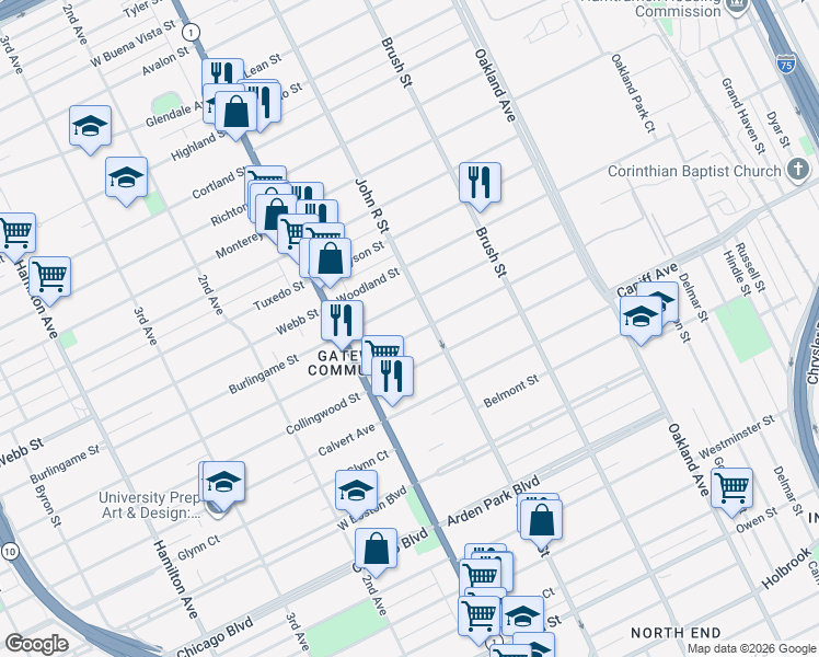 map of restaurants, bars, coffee shops, grocery stores, and more near 110 Rosedale Court in Detroit