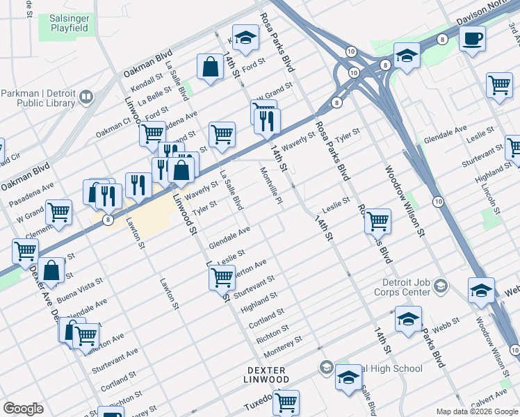 map of restaurants, bars, coffee shops, grocery stores, and more near 2338 Glendale Avenue in Detroit