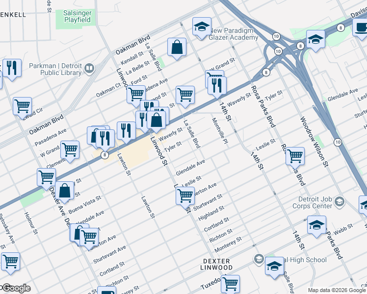 map of restaurants, bars, coffee shops, grocery stores, and more near 2488 Buena Vista Street in Detroit