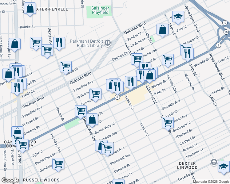 map of restaurants, bars, coffee shops, grocery stores, and more near 3026 West Davison Street in Detroit