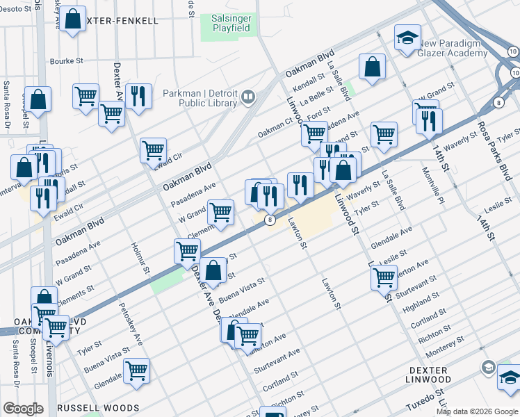 map of restaurants, bars, coffee shops, grocery stores, and more near 3026 West Davison Street in Detroit