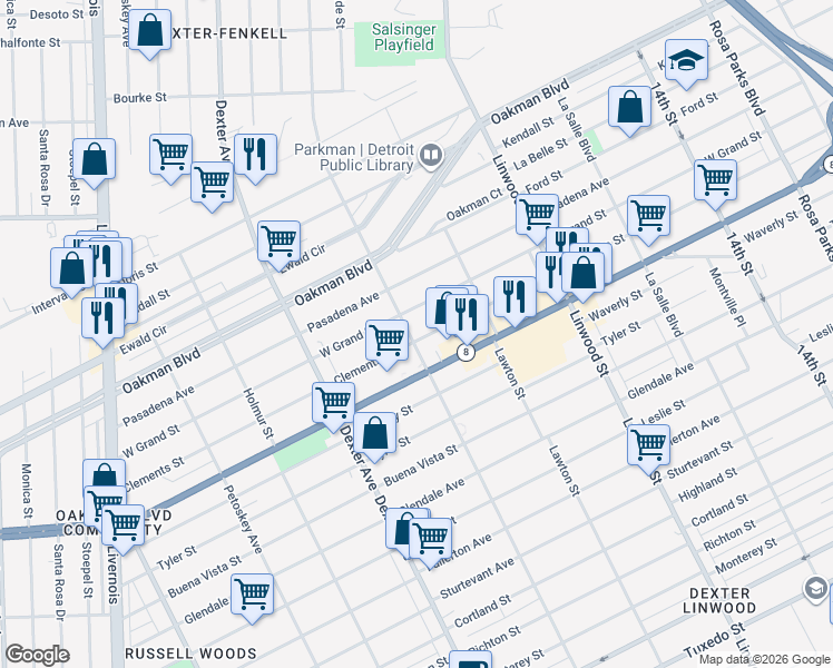 map of restaurants, bars, coffee shops, grocery stores, and more near 3227 Clements Street in Detroit