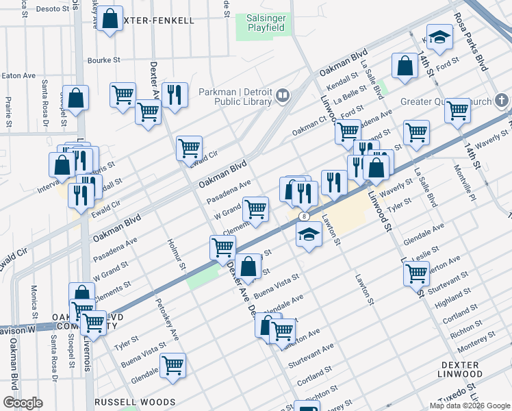 map of restaurants, bars, coffee shops, grocery stores, and more near 3227 Clements Street in Detroit