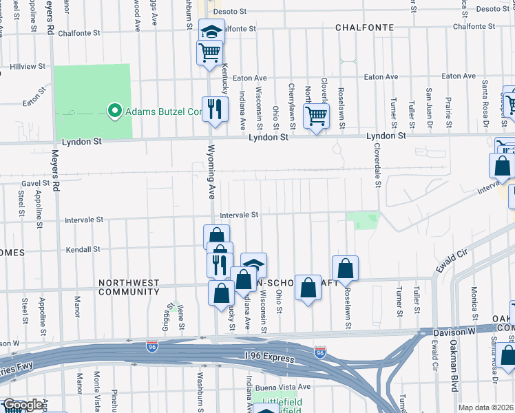 map of restaurants, bars, coffee shops, grocery stores, and more near 8739 Intervale Street in Detroit