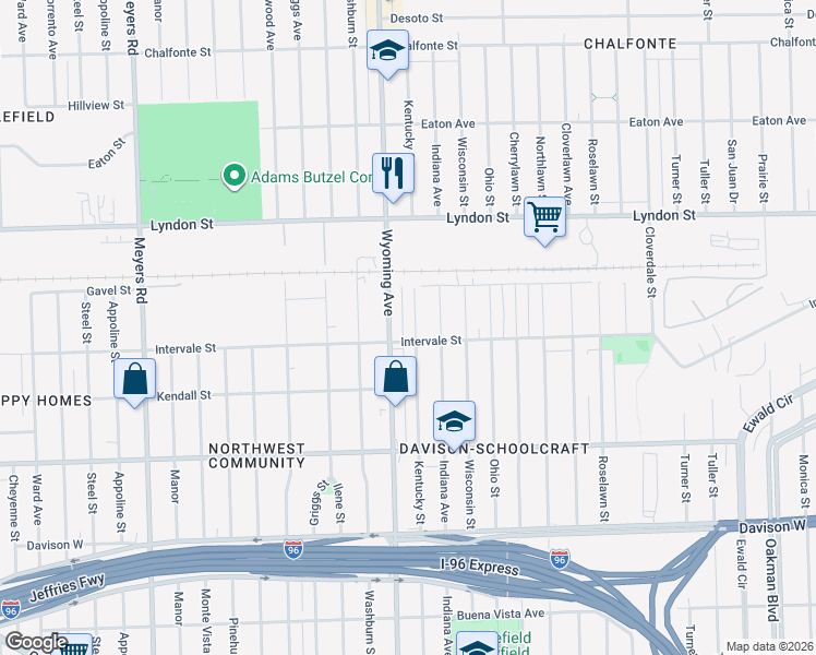 map of restaurants, bars, coffee shops, grocery stores, and more near 8917 Intervale Street in Detroit