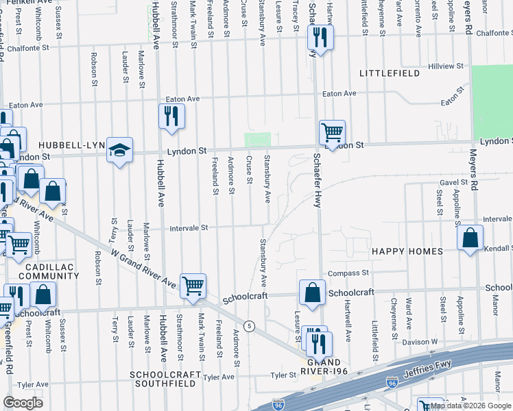 map of restaurants, bars, coffee shops, grocery stores, and more near 14216 Cruse Street in Detroit