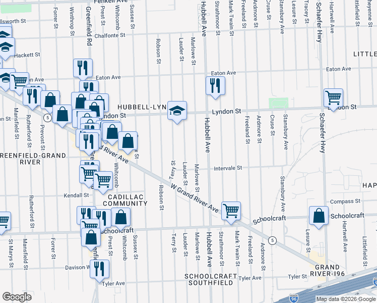 map of restaurants, bars, coffee shops, grocery stores, and more near 14240 Lauder Street in Detroit