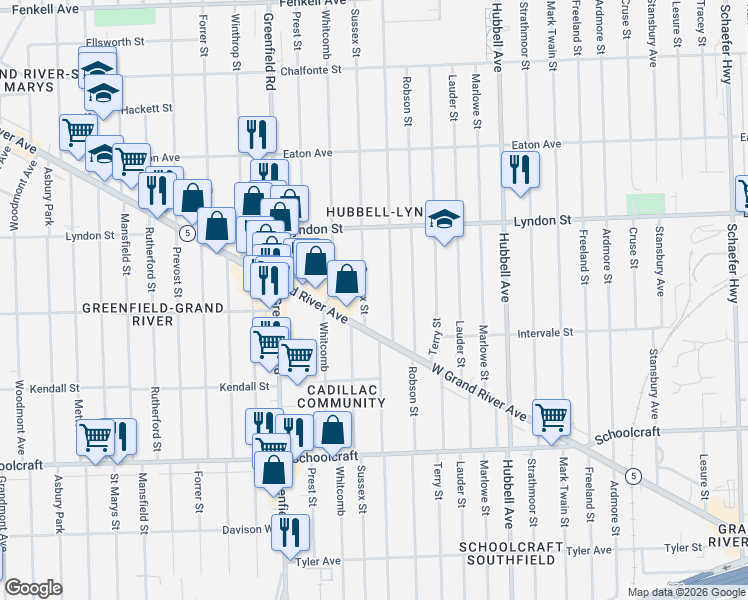 map of restaurants, bars, coffee shops, grocery stores, and more near 15200 Grand River Avenue in Detroit