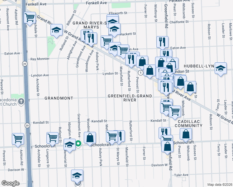 map of restaurants, bars, coffee shops, grocery stores, and more near 14257 Mansfield Street in Detroit