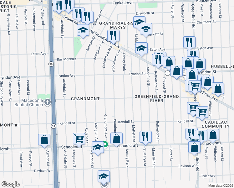 map of restaurants, bars, coffee shops, grocery stores, and more near 14257 Woodmont Avenue in Detroit