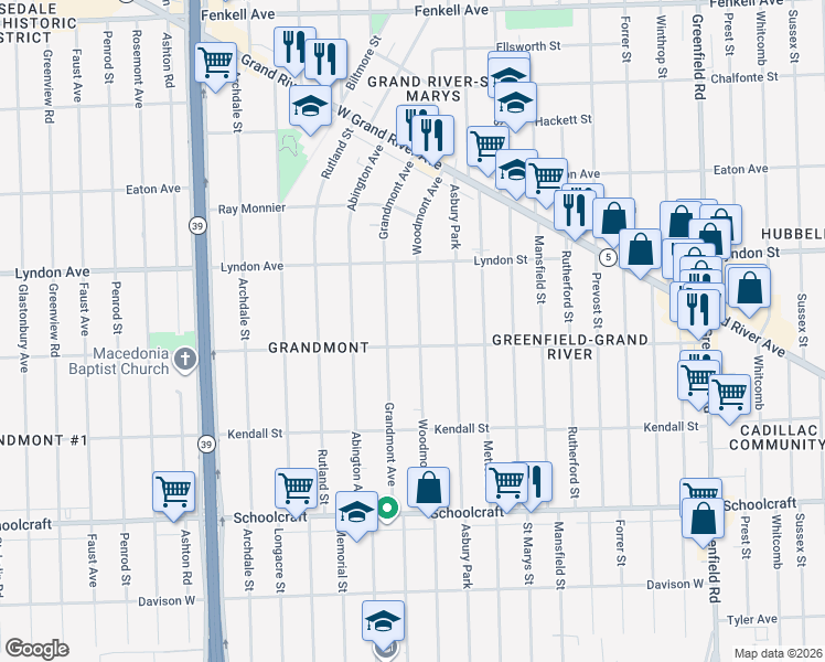 map of restaurants, bars, coffee shops, grocery stores, and more near 14257 Woodmont Avenue in Detroit