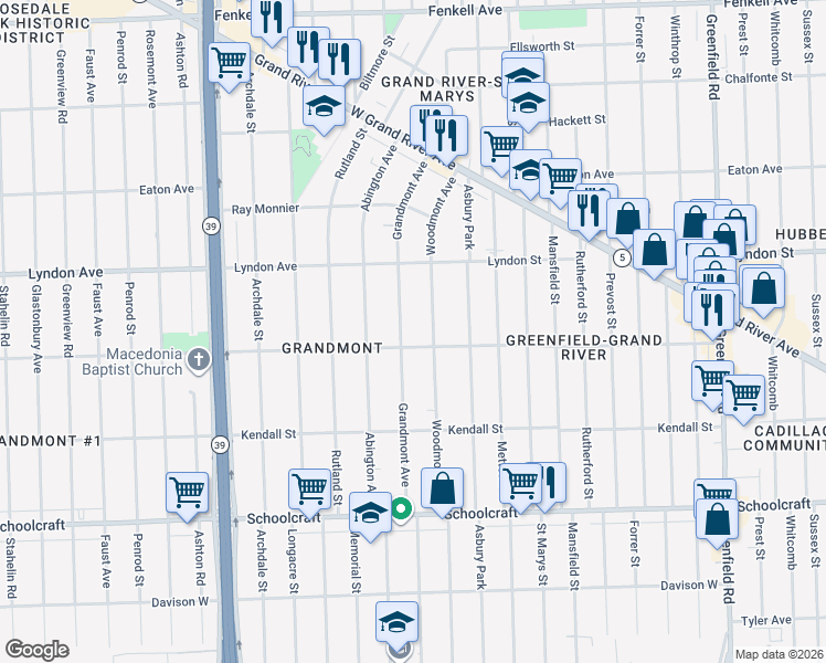map of restaurants, bars, coffee shops, grocery stores, and more near 14255 Grandmont Avenue in Detroit