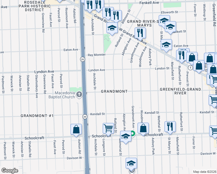 map of restaurants, bars, coffee shops, grocery stores, and more near in Detroit