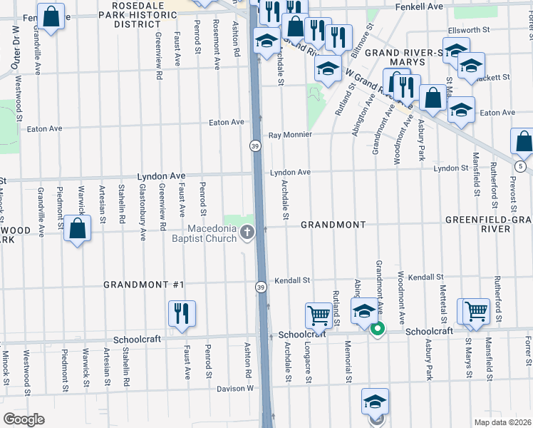 map of restaurants, bars, coffee shops, grocery stores, and more near 14256 Southfield Freeway in Detroit