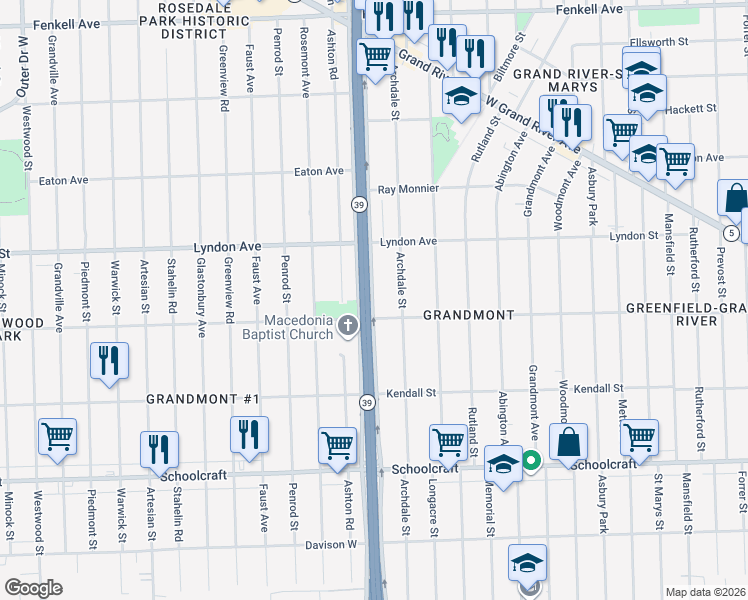 map of restaurants, bars, coffee shops, grocery stores, and more near 14256 Southfield Freeway in Detroit