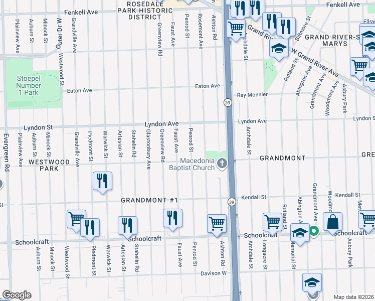 map of restaurants, bars, coffee shops, grocery stores, and more near 14301 Penrod Street in Detroit