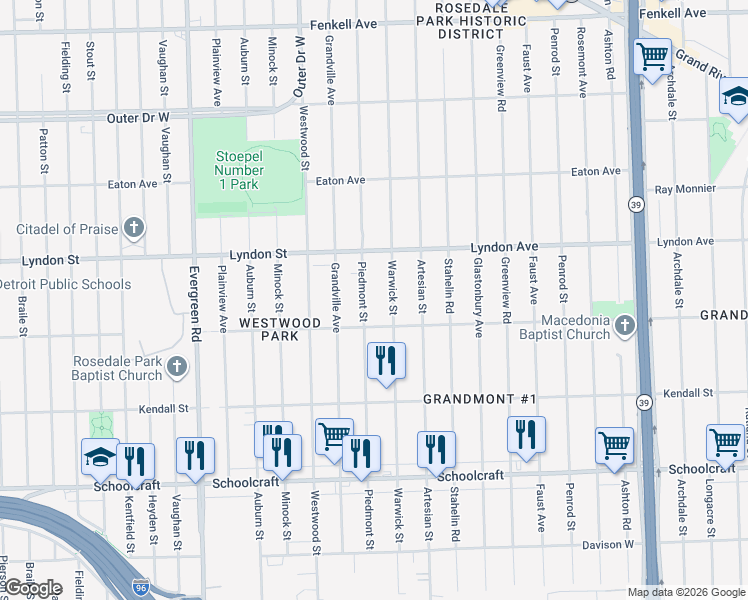 map of restaurants, bars, coffee shops, grocery stores, and more near 14311 Warwick Street in Detroit