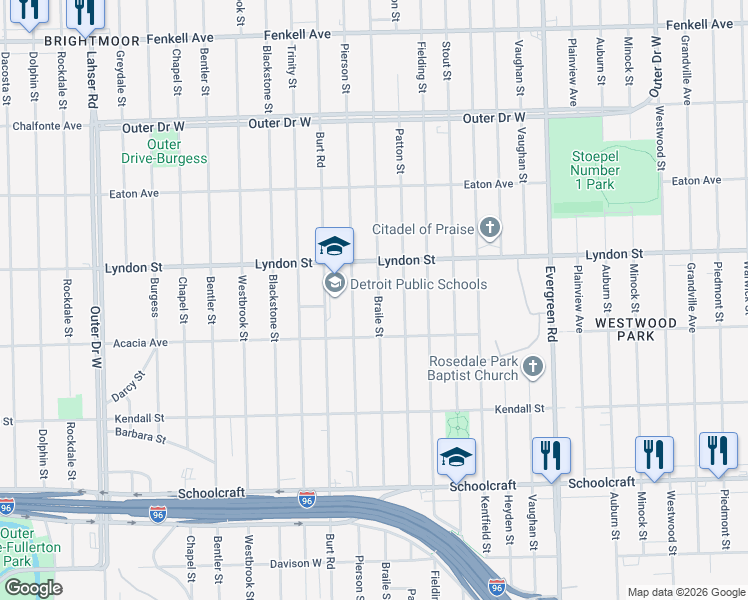 map of restaurants, bars, coffee shops, grocery stores, and more near 14330 Braile Street in Detroit