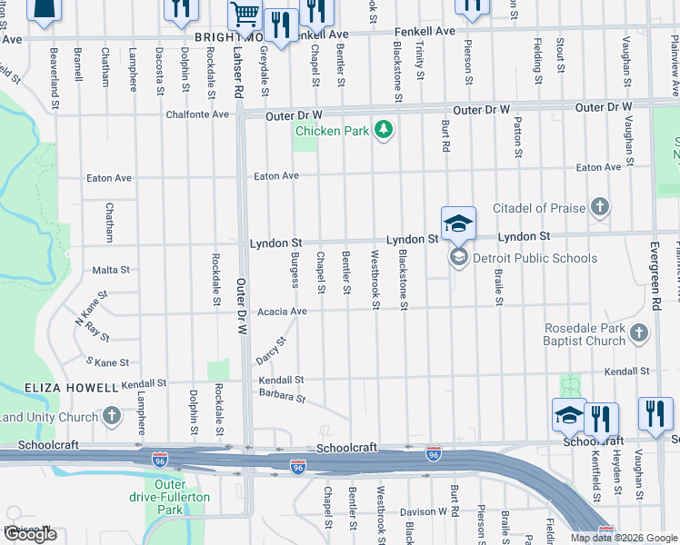 map of restaurants, bars, coffee shops, grocery stores, and more near 14350 Bentler Street in Detroit