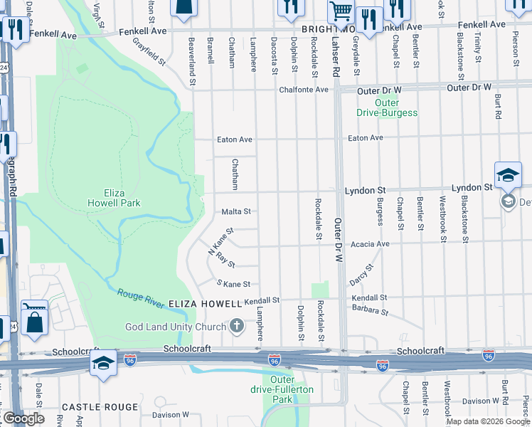 map of restaurants, bars, coffee shops, grocery stores, and more near 14357 Dacosta Street in Detroit