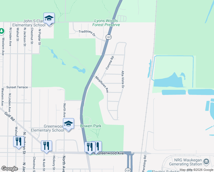 map of restaurants, bars, coffee shops, grocery stores, and more near 2126 Miraflores Avenue in Waukegan