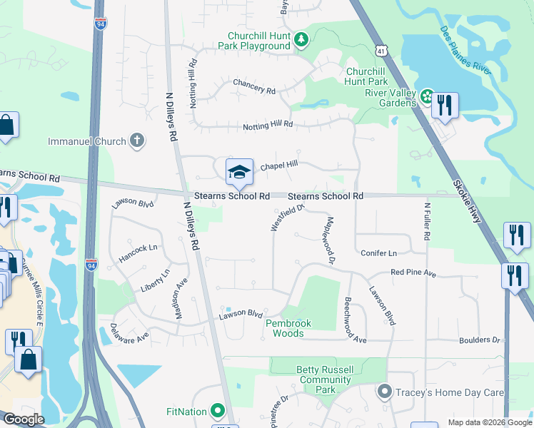 map of restaurants, bars, coffee shops, grocery stores, and more near 2116 Westfield Drive in Gurnee