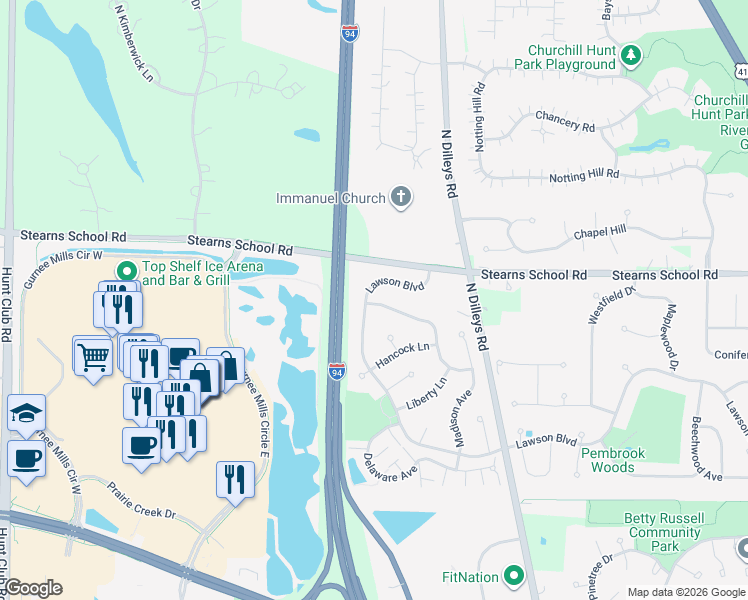 map of restaurants, bars, coffee shops, grocery stores, and more near 2455 Lawson Boulevard in Gurnee