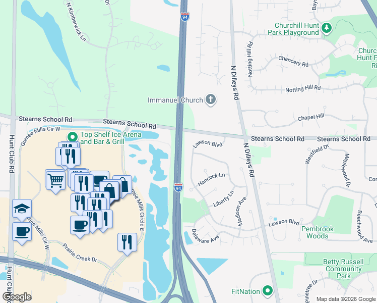 map of restaurants, bars, coffee shops, grocery stores, and more near 2455 Lawson Boulevard in Gurnee