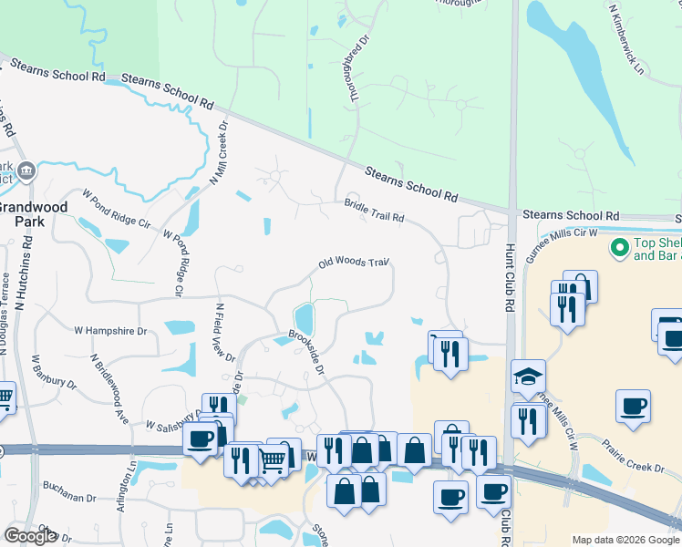map of restaurants, bars, coffee shops, grocery stores, and more near 36366 Old Woods Trail in Gurnee