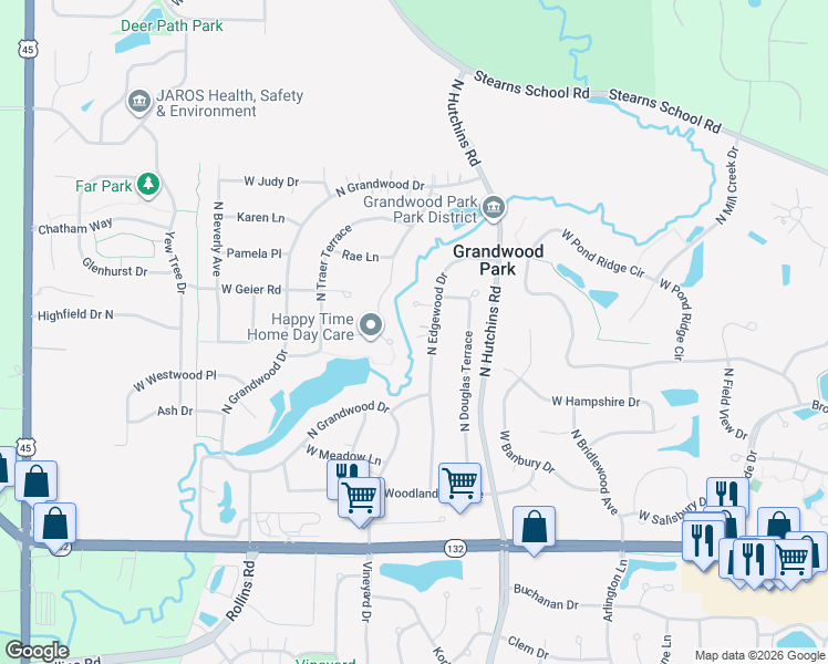 map of restaurants, bars, coffee shops, grocery stores, and more near 36376 North Edgewood Drive in Gurnee
