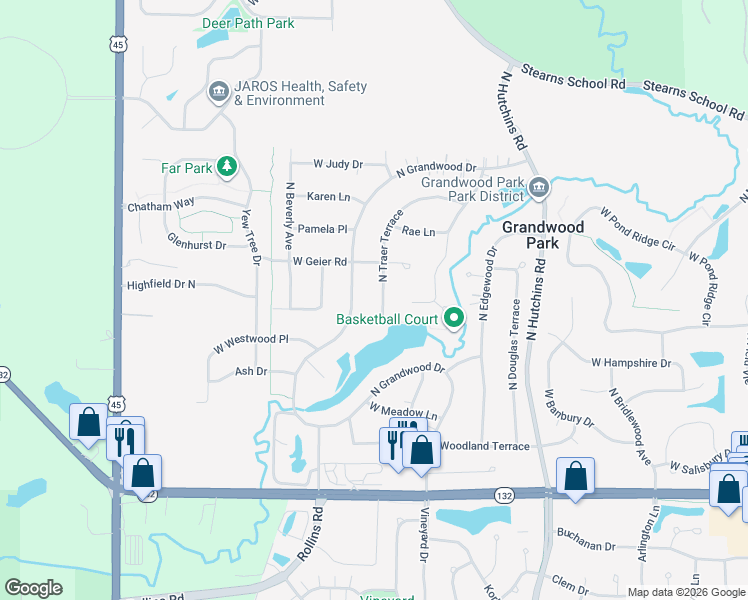 map of restaurants, bars, coffee shops, grocery stores, and more near 36421 North Traer Terrace in Gurnee