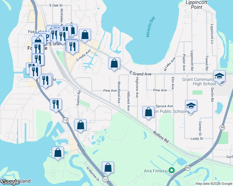 map of restaurants, bars, coffee shops, grocery stores, and more near 34 Woodland Avenue in Fox Lake