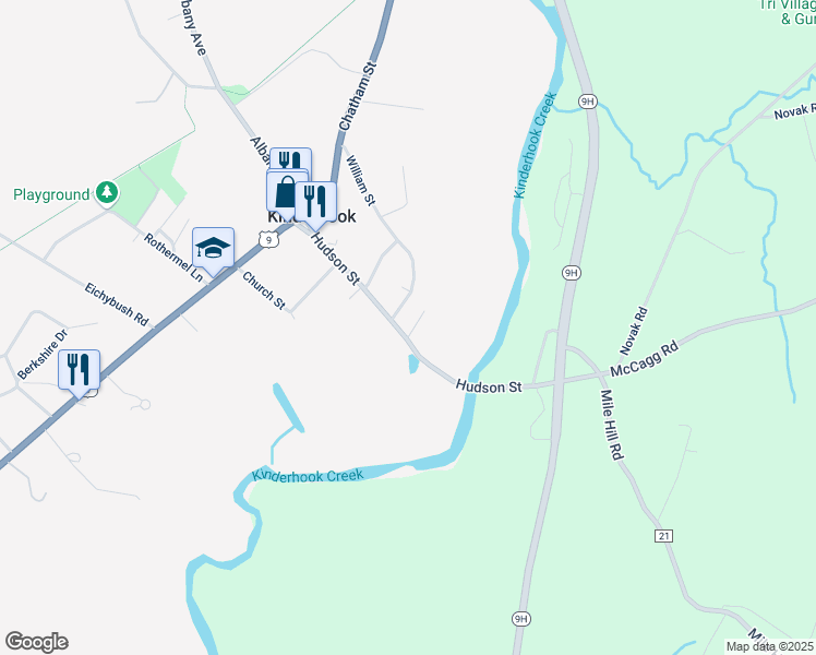 map of restaurants, bars, coffee shops, grocery stores, and more near 51 Hudson St in Kinderhook