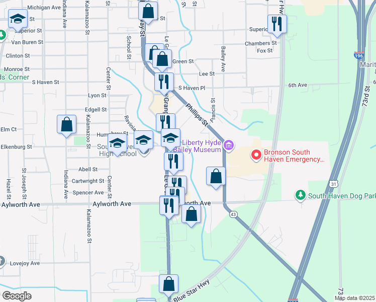map of restaurants, bars, coffee shops, grocery stores, and more near 723 Arbor Court in South Haven