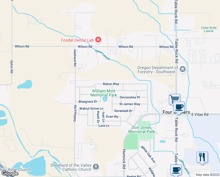 map of restaurants, bars, coffee shops, grocery stores, and more near 1645 Scofield Street in Central Point