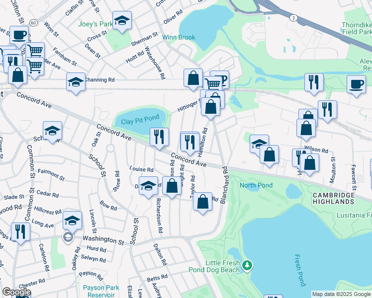 map of restaurants, bars, coffee shops, grocery stores, and more near 57 Concord Avenue in Belmont
