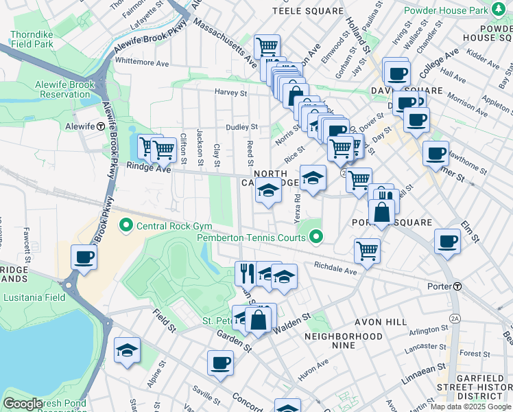 map of restaurants, bars, coffee shops, grocery stores, and more near 16 Notre Dame Avenue in Cambridge