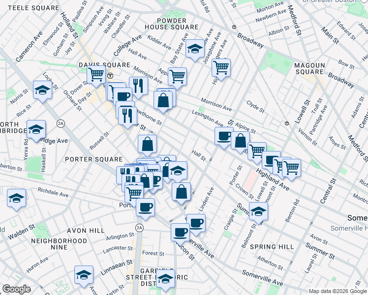 map of restaurants, bars, coffee shops, grocery stores, and more near 283 Summer Street in Somerville