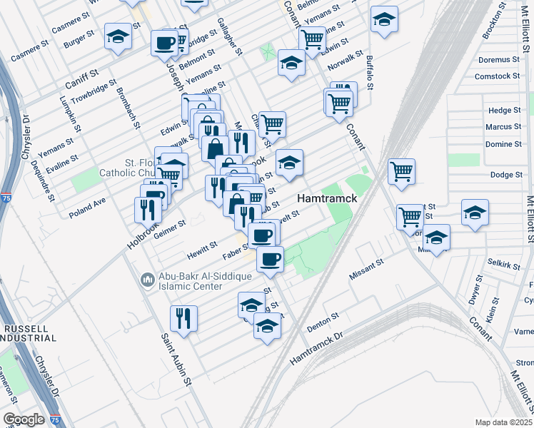 map of restaurants, bars, coffee shops, grocery stores, and more near 2939 Roosevelt Street in Hamtramck