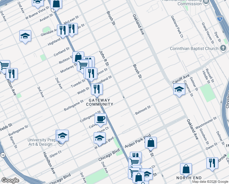 map of restaurants, bars, coffee shops, grocery stores, and more near 110 Rosedale Court in Detroit