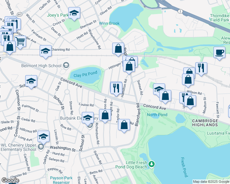 map of restaurants, bars, coffee shops, grocery stores, and more near 18 Baker Street in Belmont