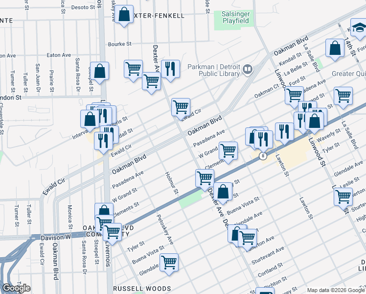 map of restaurants, bars, coffee shops, grocery stores, and more near 3700 Pasadena Street in Detroit