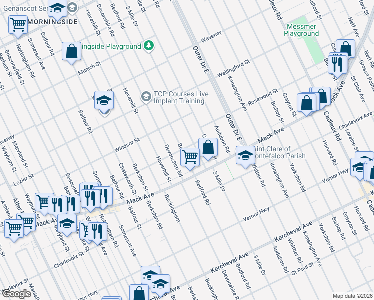 map of restaurants, bars, coffee shops, grocery stores, and more near 3460 Bedford Street in Detroit