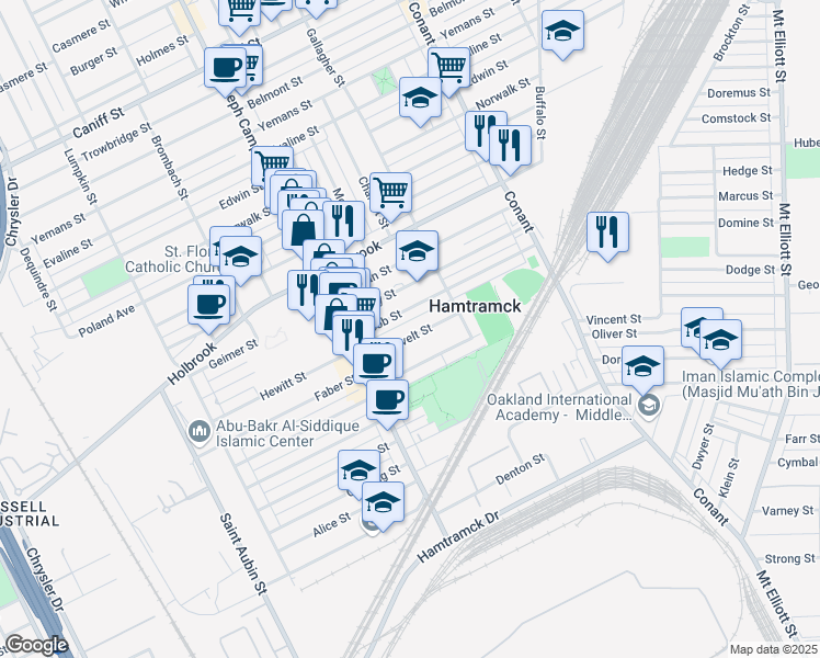 map of restaurants, bars, coffee shops, grocery stores, and more near 3013 Roosevelt Street in Hamtramck